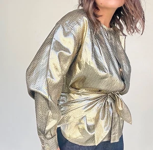 Ciao Womens Gold Silk Metallic Blouse Size Medium Vintage 80s Disco Gold Top - Picture 1 of 7