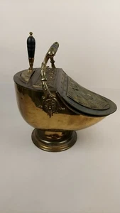 Handwrought Antique 19c Victorian Brass Coal Scuttle  Dovetail Seams with Scoop  - Picture 1 of 12