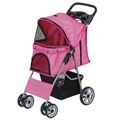 4 Wheels Pet Stroller Foldable Dog/Cat Stroller Cart with Cup Holder Pink - Image 1 of 4