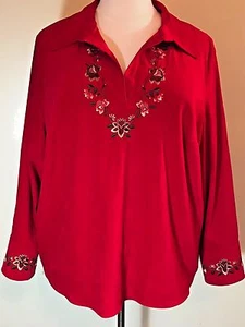 VENEZIA Plus Size 22/24 Red Microfiber Suede feel V neck Embroidered Top Shirt - Picture 1 of 8
