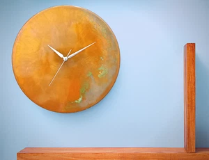 Modern Minimalist Handmade Metal Orange Patina Copper Wall Clock Mid Century Art - Picture 1 of 19
