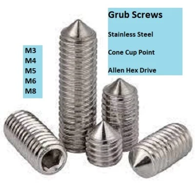 H&F GRUB SCREWS Allen Key Socket Head M3 to M8 Cup Point 304 Stainless Steel Screw