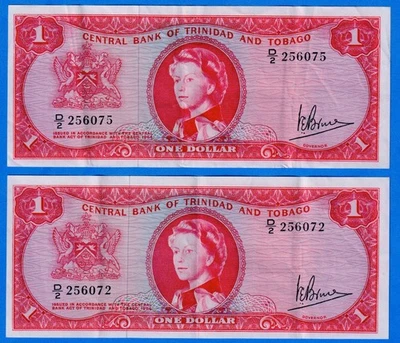 TRINIDAD AND TOBAGO $1 1964 P-26c QE II  2 Circulated Note D/2 256072 & 5 - Image 1 of 4
