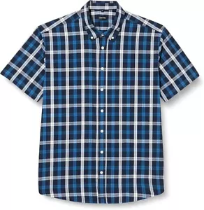 Camisa bordada de seda para hombre Regular Fit manga corta camisa, cuadros azul oscuro, talla L - Imagen 1 de 6