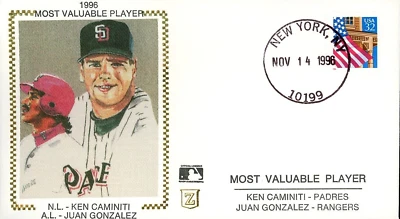 1996 MVP Z Silk Cachet FDC Ken Caminiti Juan Gonzalez - Image 1 of 2