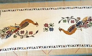 Table Runner with Hand-done Colorful Peacock Design with Tassels Decor - Picture 1 of 8