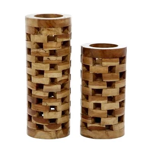 Deco 79 Teak Wood Handmade Decorative Vase Centerpiece Vases with Cut Out Pat... - Picture 1 of 6