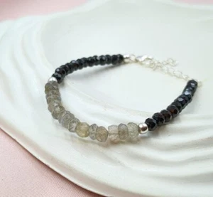 Labradorite & Black Spinel 2 Multi Gemstone Beads  Women Delicate Bracelet 6-8" - Picture 1 of 10