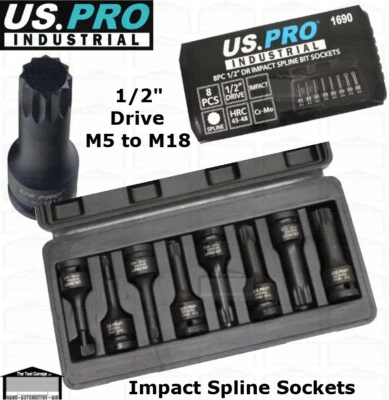 US PRO INDUSTRIAL 8pc 1/2" dr Impact Spline Sockets, Bit Socket Set M5-M18 1690 - Image 1 of 4