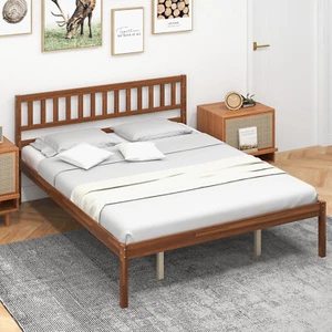 Queen Wood Bed Frame w/ Headboard Retro Platform Bed w/Strong Wood Slat Support - Picture 1 of 9