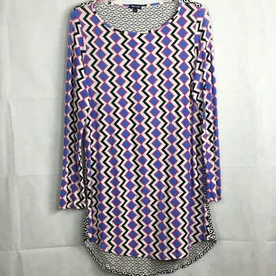 Camisa feminina esplêndida tamanho M rosa azul branca geométrica malha elástica manga longa - Imagem 1 de 4