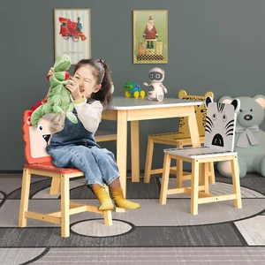5-Piece Kids Table and 4 Chairs Set Children Activity Desk Wooden Cartoon Animal - Picture 1 of 9