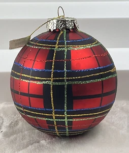 "Adorno de Navidad de vidrio 4"" rojo tartán patrón a cuadros líneas brillantes King Ranch" - Imagen 1 de 11