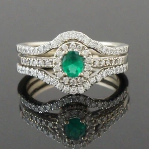 Gabriel & Co. Solid 14K Gold .27 CTW Emerald .60 Ct Diamond Halo Ring Bridal Set - Picture 1 of 9