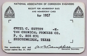 Tarjeta de membresía de la Asociación Nacional de Ingenieros de Corrosión 1957 - Imagen 1 de 2