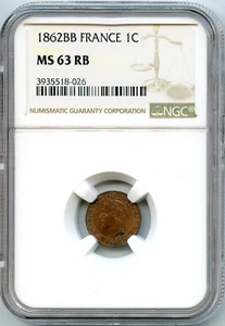 France Napoleon III 1 Centime 1862 BB Strasbourg NGC MS63 RB - Picture 1 of 2