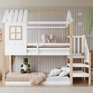 Etagenbett Hausbett Hochbett Stockbett 90x200 mit Treppe Kinderbett Jugendbett - Bild 1 von 13