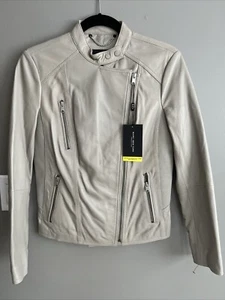 NEW Andrew Marc Farrington Feather Leather Biker Jacket, MED GRAY $475, X-Small - Picture 1 of 11