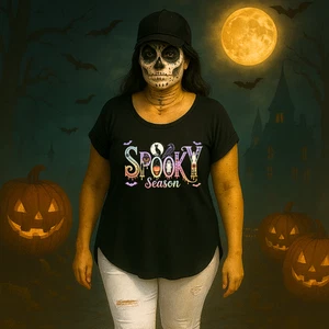 ROCKTHOSECURVESDipped-Hem T-Shirt with Spooky Halloween print - Picture 1 of 21