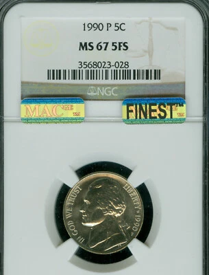 1990 P JEFFERSON NICKEL NGC MS67 FS FINEST GRADE RARE . - Image 1 of 4