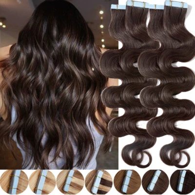 Wavy Tape In Human Hair Extensions Skin Weft Full Head Brown Real Thick 20-60pcs - Image 1 of 4
