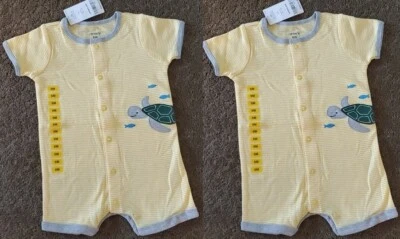 2 Baby Boys Carters Yellow striped TURTLE Rompers Creeper Sunsuit Size 6 Mo NWT - Image 1 of 3