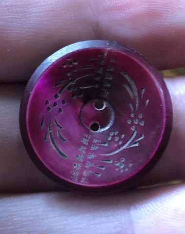 Dyed Carved Shell Or MOP Hot Pink Button W/Floral Design 7/8” Cover