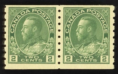 Canada Scott 128 Mint NH, HR OG coil pair 2c Green Perf 8 Vert. KC006 bhmstamps - Image 1 of 2