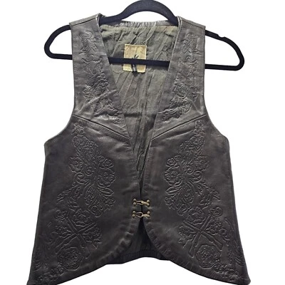 One Teaspoon Embossed Leather Vest Rivets Black Size 8 Rock Biker Boho Floral - Image 1 of 4