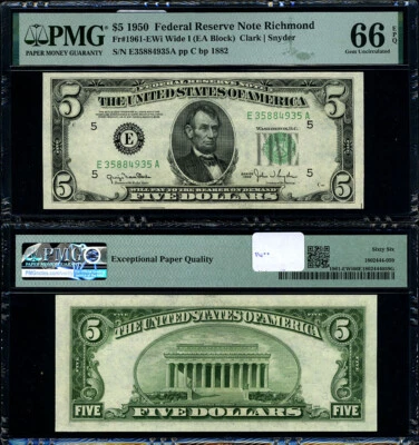FR. 1961ewI $5 1950 Federal Reserve Richmond E-A Block Wide I Gem PMG CU66EPQ - Image 1 of 3