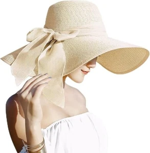Women's Summer Bow Large Floppy Folding Wide Brim Cap Sun Straw Beach Hat New - Picture 1 of 36