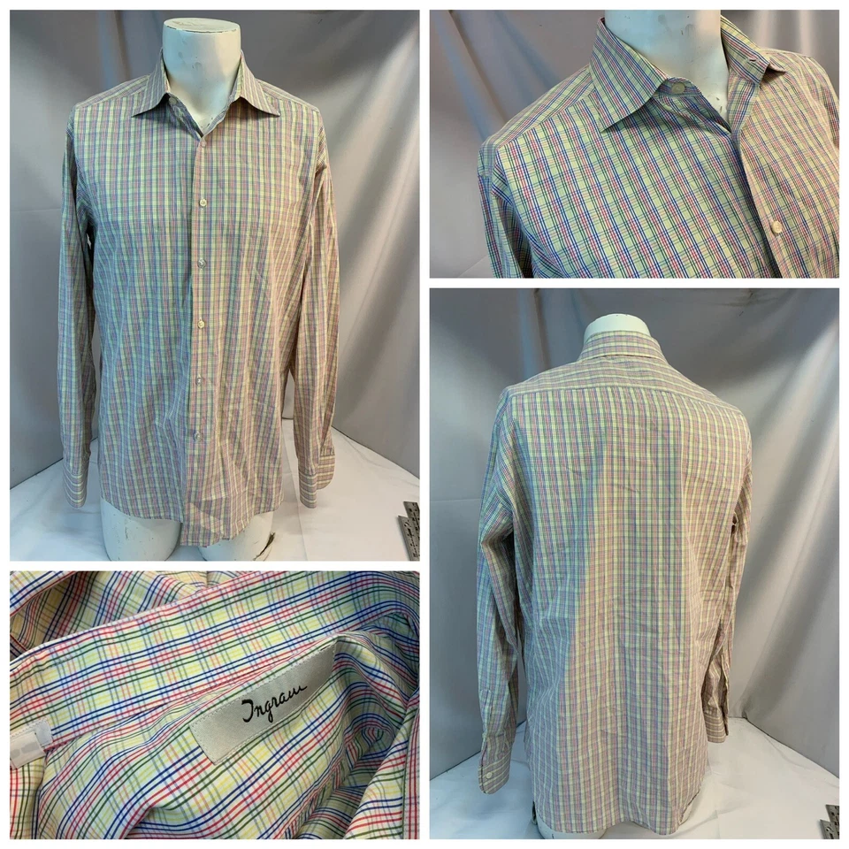 Camisa Botón Ingram L Hombres Amarillo Rosa Azul Algodón a Cuadros Md Italia YGI L1-213 Foto 1 de 4