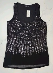 Camiseta sin mangas Express para mujer extra pequeña negra con lentejuelas forrada con cuentas nueva con etiquetas - Imagen 1 de 11