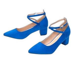 Blue Suede Shoes Pointed Toe Low Block Heel Ankle Strap Women's UK Size 5 6 7 - Picture 1 of 7