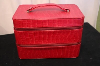 Vtg Makeup - Jewelry Travel Case - Red Faux Leather Print Two Compartment - Image 1 of 4