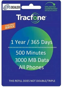 TracFone 365 jours + 500 minutes + 3 Go de données, direct numérique le jour même/le lendemain, tous les téléphones - Photo 1/1