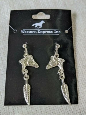 PAIR of Silver Tone Horse Head and Feather Dangle Post Style Earrings - Image 1 of 3