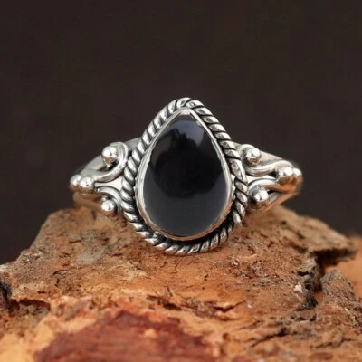 Anello In Argento Sterling Fatto A Mano Con Cabochon In Onice Nero Naturale 925 - Immagine 1 di 4