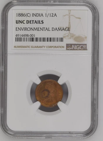 1886C Queen Victoria Environmental Damage 1/12A British India Graded UNC Details Cover