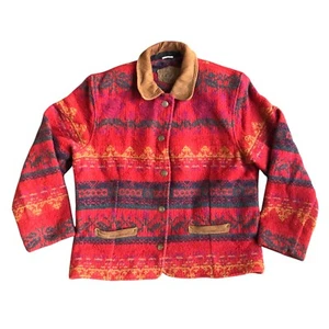 Vintage Woolrich Aztec Western Jacket Women’s L Red Navy Suede Collar USA Made - Picture 1 of 24