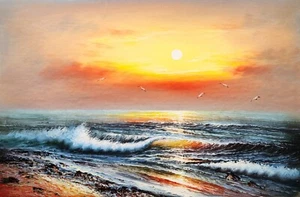 Sunset Ocean #5C-BB1, 24x36, 100% Hand Painted Oil Painting on Canvas, - Picture 1 of 6