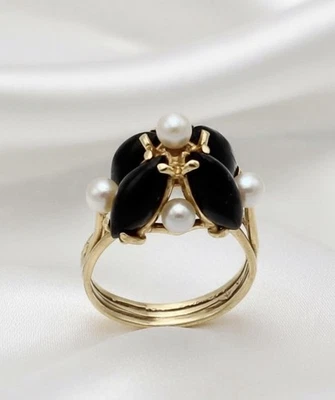 Anillo Oro Amarillo 14k Coral Negro Marquesa Cabujones y Perlas Agua Dulce, Talla 7 Foto 1 de 4