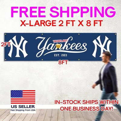 New York Yankees 2x8 ft Flag Banner Man Cave Wall Decor Banner FREE Shipping - Image 1 of 4