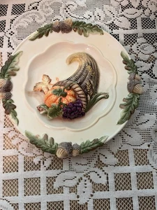 Vtg 1990s cornucopia Ceramic decoration plate with acorns Border Fall Harvest - Picture 1 of 4