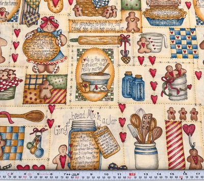 Vtg Dianna Marcum Grandma's Gingerbread Recipe Cotton Fabric Remnant 14" x 44" - Image 1 of 2