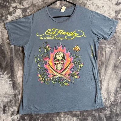 Camiseta De Colección Y2K Ed Hardy Manga Corta Talla X-Grande Calavera Llama Floral Azul Foto 1 de 4