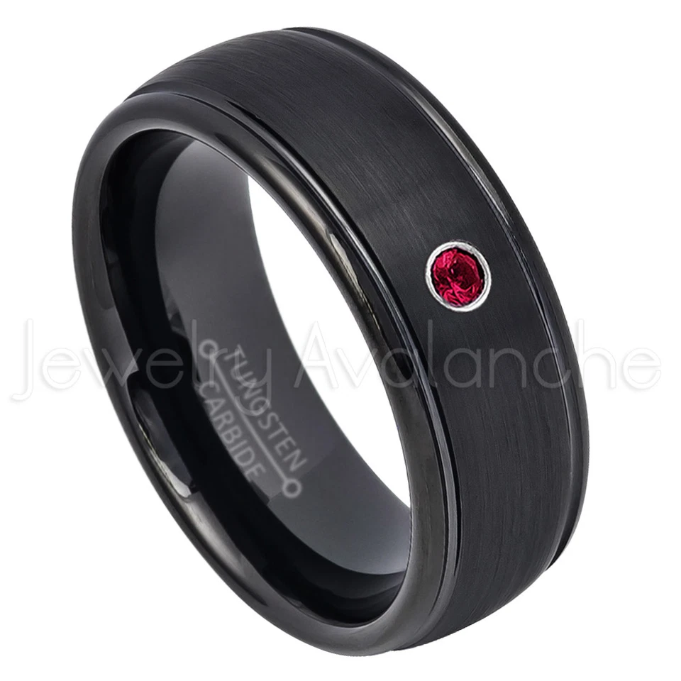 Anillo de tungsteno negro cúpula, anillo de rubí de 0,07 quilates para hombre, anillo de piedra de nacimiento de julio #664 Foto 1 de 1