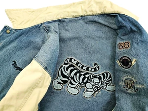 HOT VTG 90's Men's DISNEY TIGGER EMBROIDERED VARSITY BOMBER Denim JACKET Jeans M - Picture 1 of 19