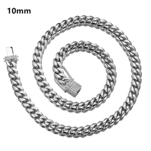 10mm 24" Hot Silver Women Mens Stainless Steel Miami Chain Necklace CZ Buckle - Picture 1 of 5