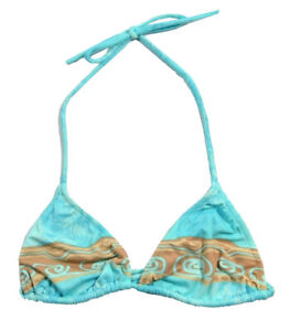 De La Mer AT TRIANGLE  Blue Tan Striped Swirl Flower Swim Junior's Bikini Top